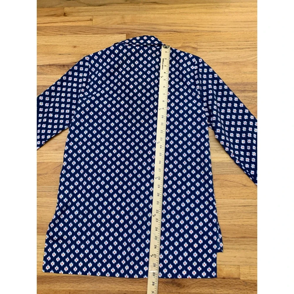 Michael Kors Navy Blue Geometric Ikat Full Zip Blouse Top Long Sleeve Small